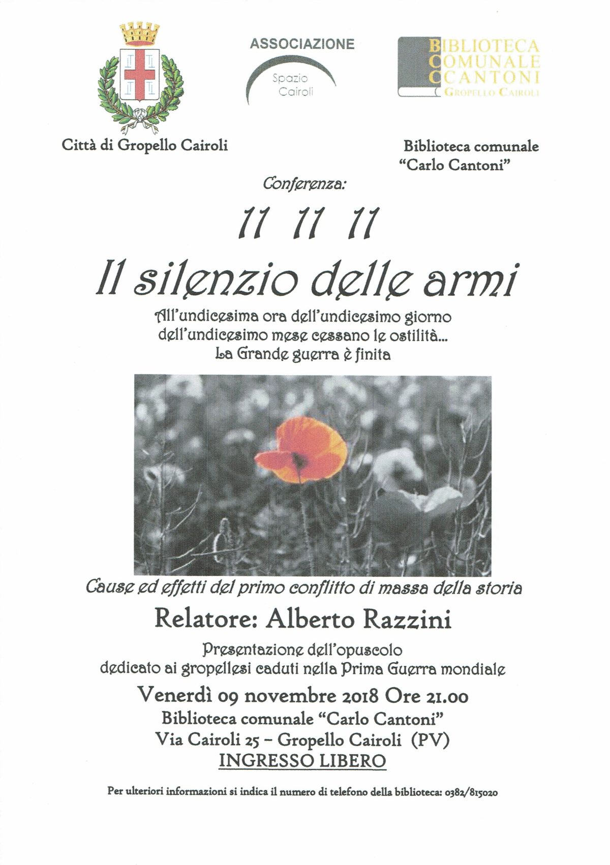 Biblioteca di Gropello Cairoli: venerdì 9 novembre ore 21,00 conferenza “11 11 11: il silenzio delle armi” a cura di Alberto Razzini