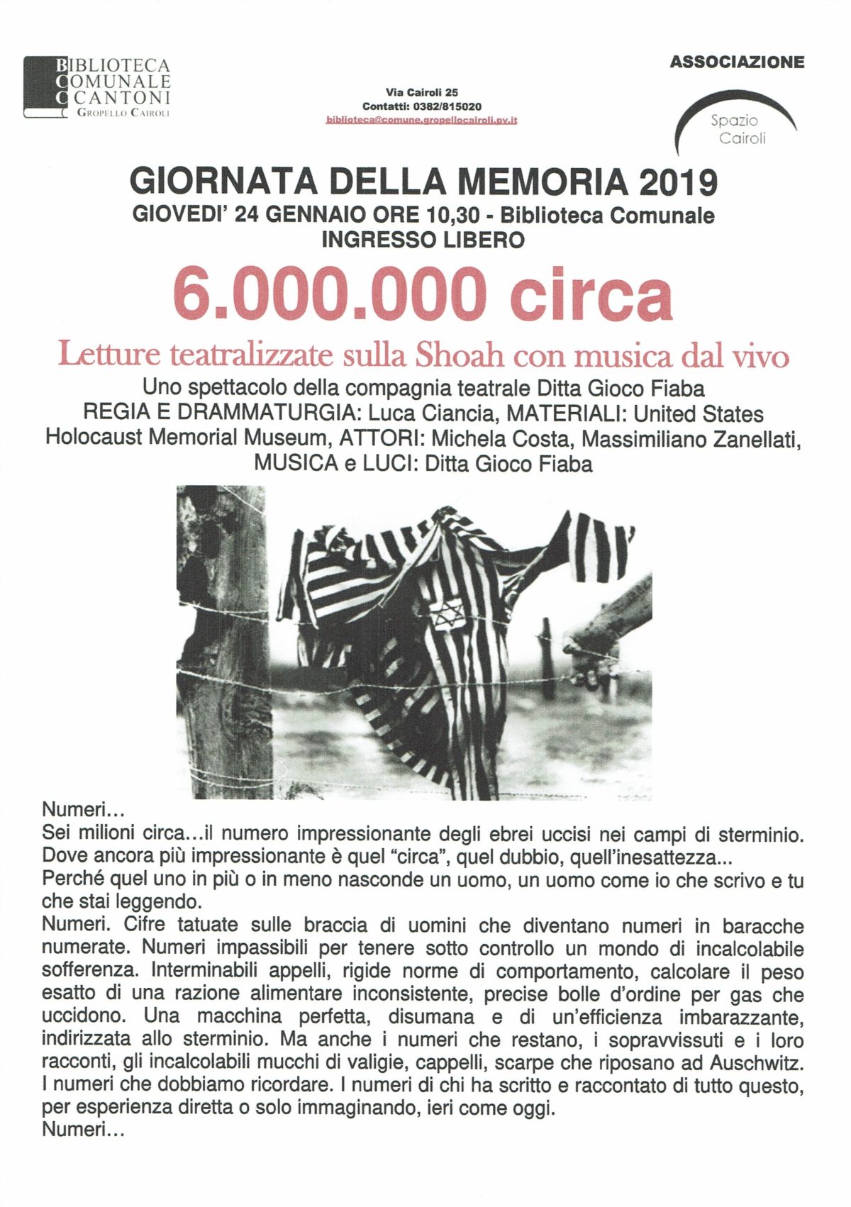 6000000 Circa Spettacolo Per Giorno Della Memoria 2019