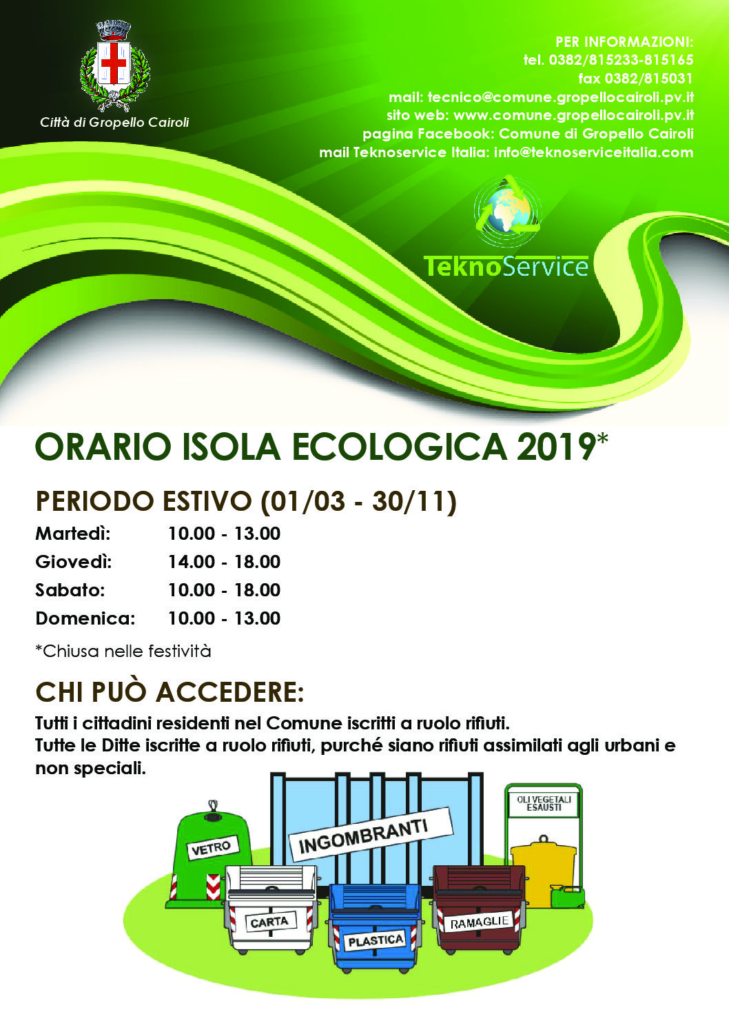 Nuovi orari Isola Ecologica dal 01 Giugno 2019