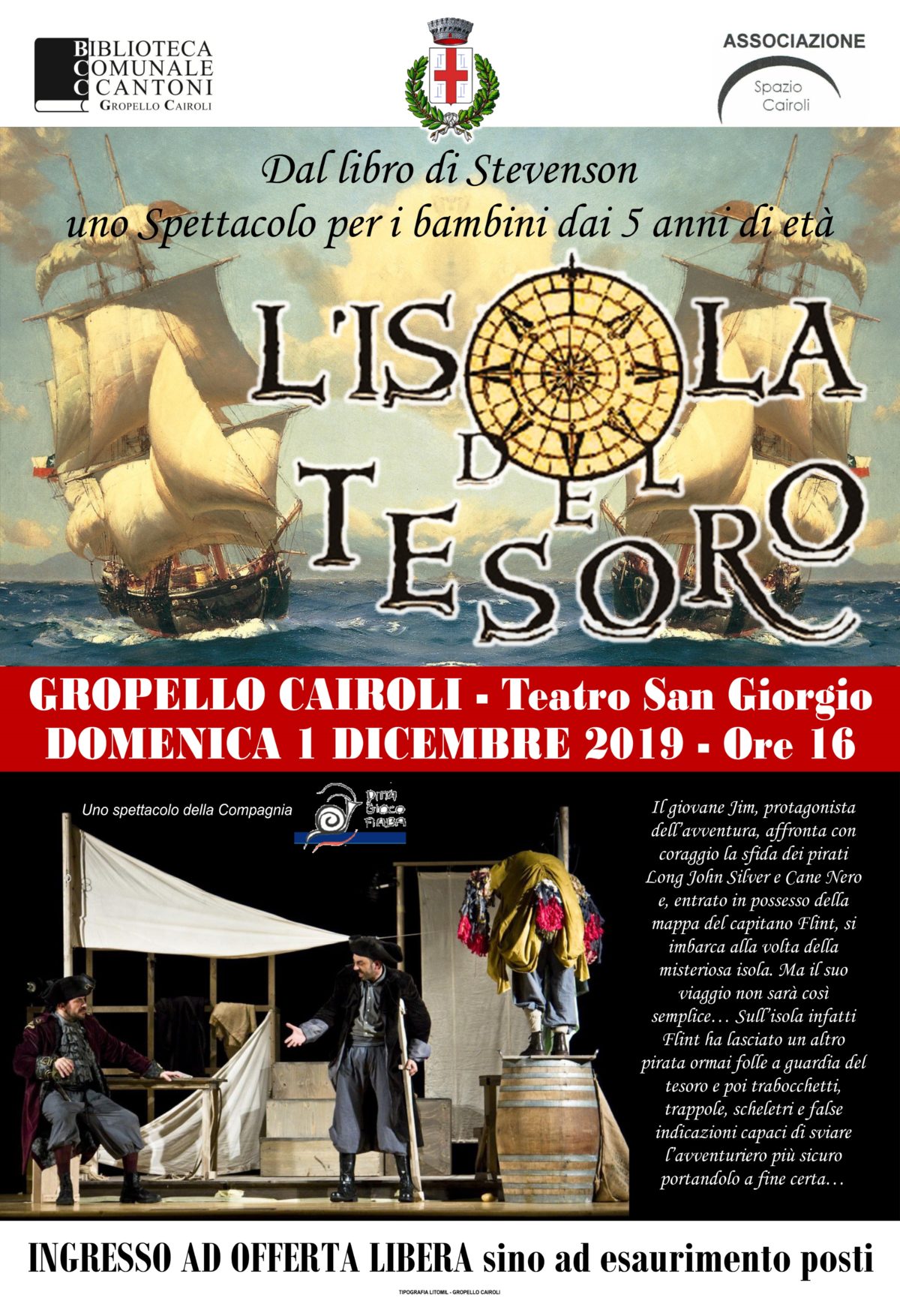 Biblioteca di Gropello C.: domenica 1 dicembre spettacolo teatrale per bambini “L’isola del tesoro” al teatro San Giorgio ore 16,00