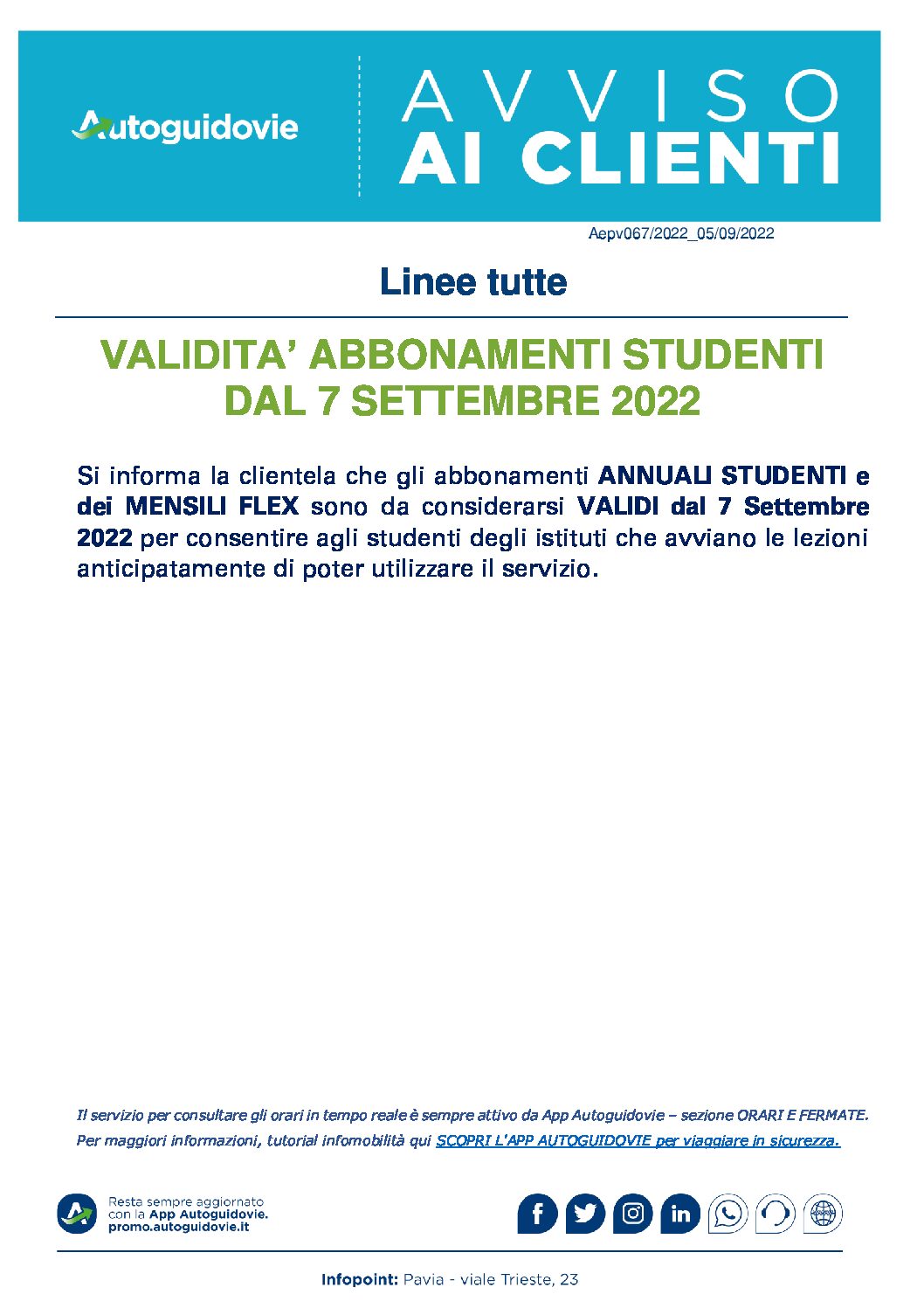 AUTOGUIDOVIE: VALIDITA’ ABBONAMENTI STUDENTI DAL 7 SETTEMBRE 2022.
