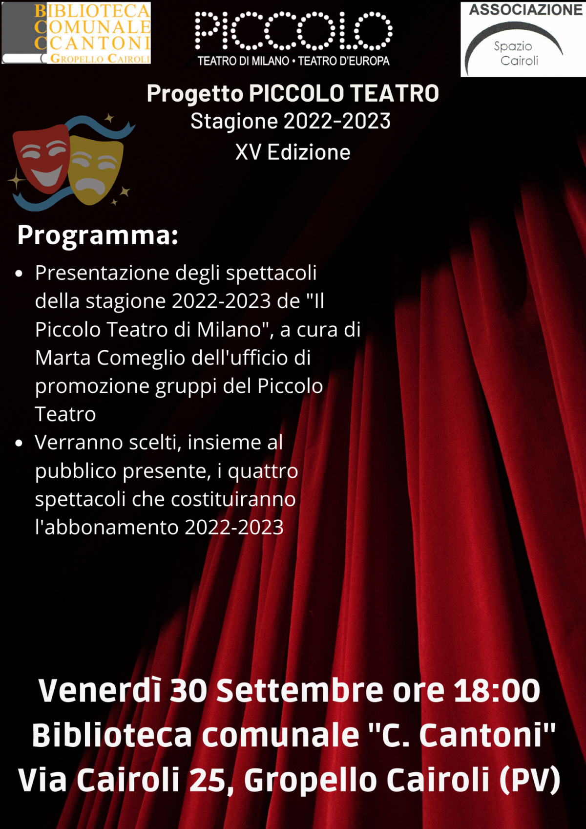 Biblioteca: venerdì 30 settembre ore 18,00 Presentazione Progetto Piccolo Teatro 2022-2023, XV edizione