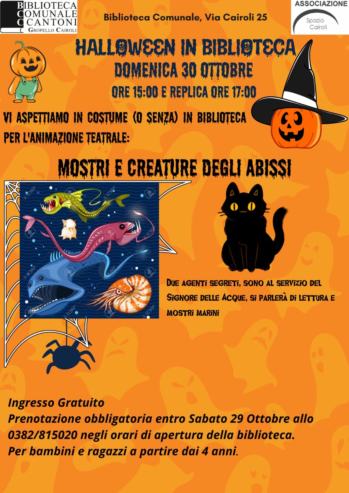 Biblioteca: domenica 30 ottobre animazione teatrale per Halloween “Mostri e creature degli abissi” alle ore 15,00 e replica alle ore 17,00