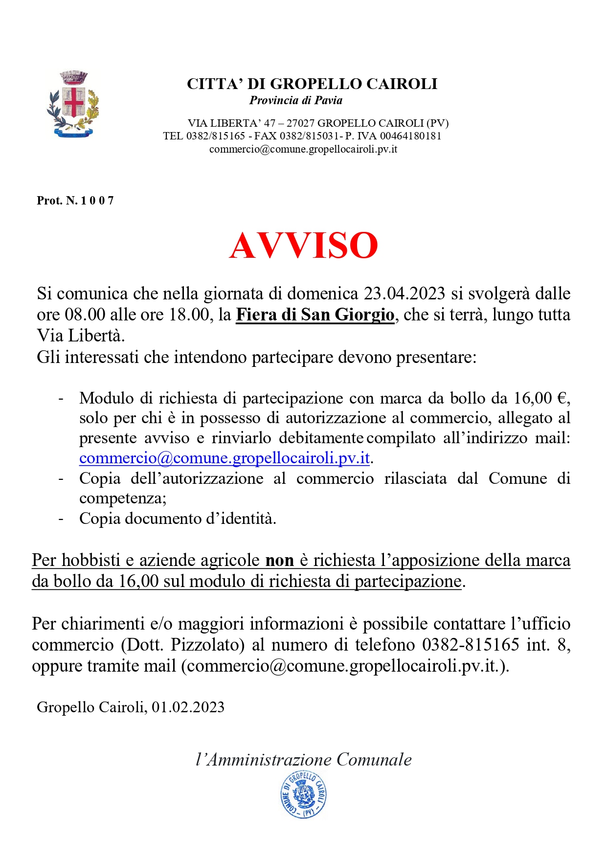 Avviso Fiera Di San Giorgio In Data 23.04.2023