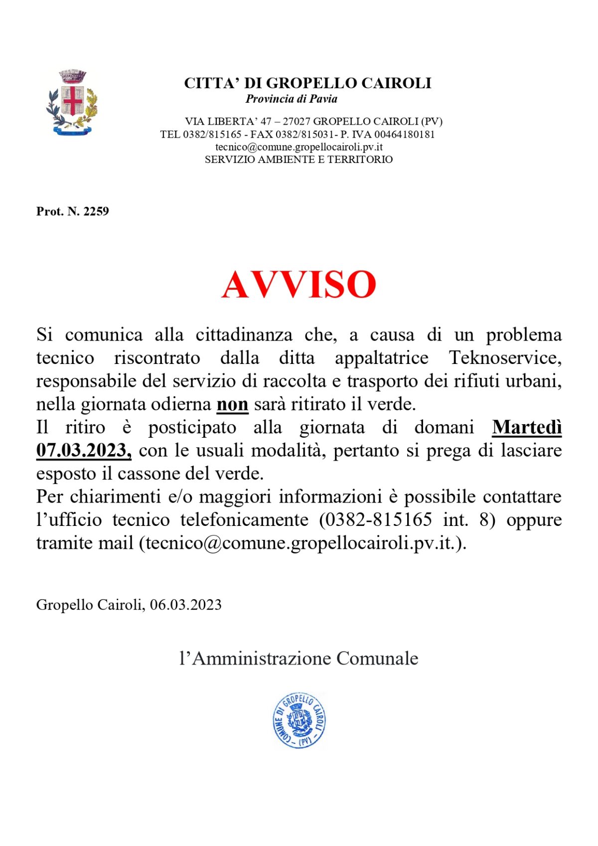 AVVISO: RITIRO DEL VERDE POSTICIPATO ALLA DATA DI DOMANI MARTEDI’ 07.03.2023
