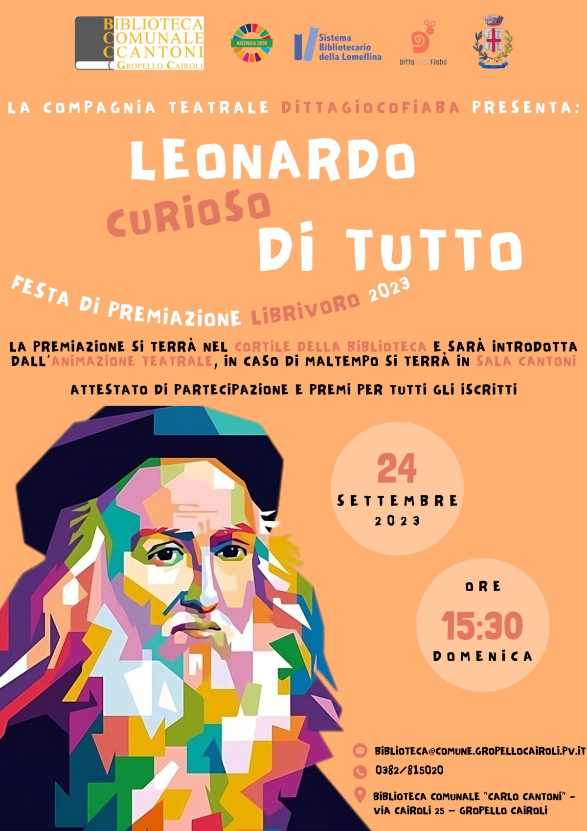 Biblioteca: domenica 24 settembre ore 15,30 – premiazione concorso di lettura Librivoro 2023 e animazione teatrale “Leonardo curioso di tutto”