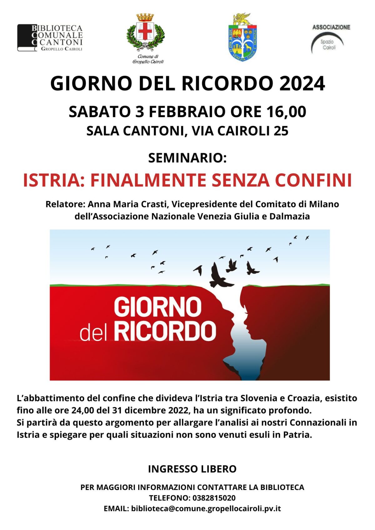 Biblioteca: sabato 3 febbraio seminario “Istria: finalmente senza confini” per il Giorno del Ricordo 2024