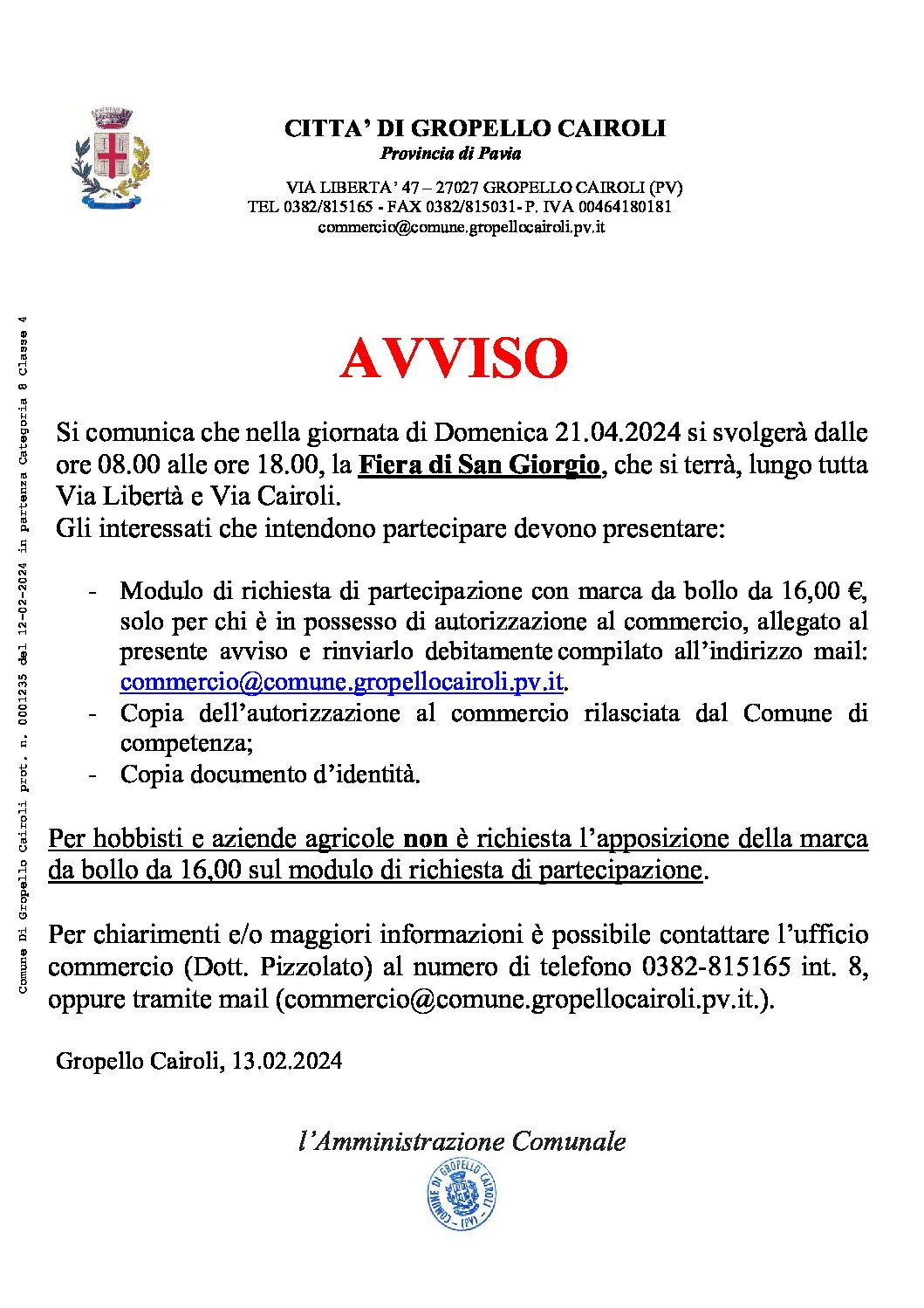 AVVISO: ISCRIZIONE FIERA DI SAN GIORGIO IN DATA 21.04.2024.