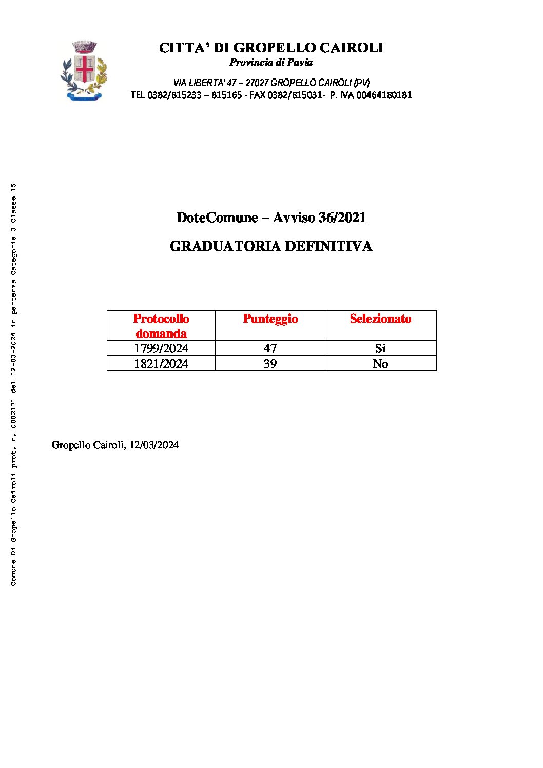 GRADUATORIA DEFINITIVA SELEZIONE DOTECOMUNE AVVISO 36/2021 – AVVIO VOLONTARI 26/03/2024.